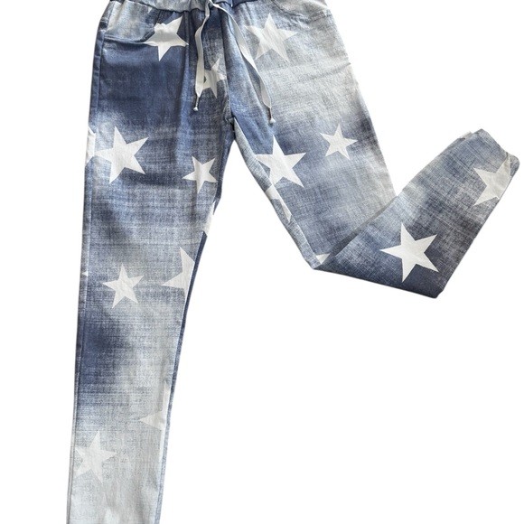 Venti6 Pants - Venti6 star patterned pale blue & white joggers, drawstring waist, stretchy, M.